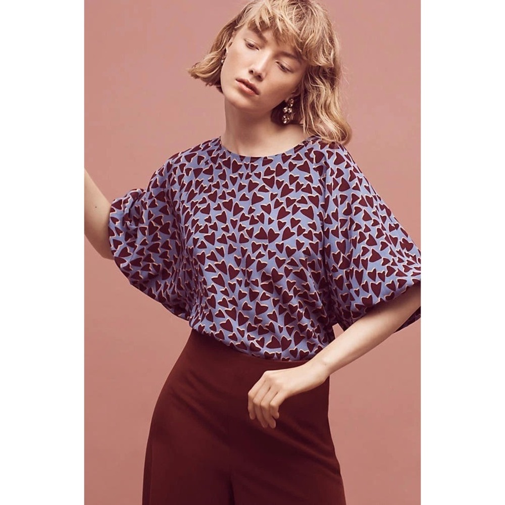 Maeve 100% Silk Heart Print Balloon Sleeve Blouse L Blue Red Boat Neck Romantic